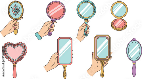 Elegant hand mirror collection with vintage ornate frames held by hands, beauty accessories in stylish flat vector illustration set