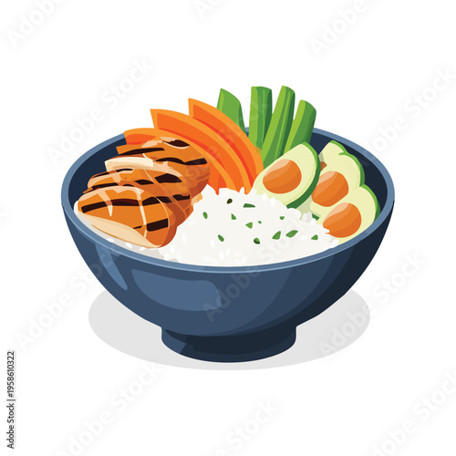 Delicious healthy bowl with chicken rice vegetables and avocado illustration