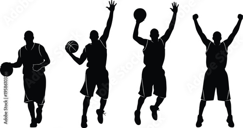Basketball player silhouette set showing dribbling, jumping, shooting and celebrating poses in dynamic action isolated on white background sports illustration collection