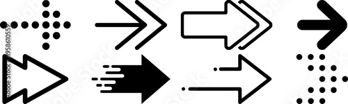 Collection of diverse arrow icons including solid outline and dotted styles representing direction and movement for web and app design