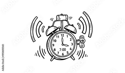 Black and white doodle alarm clock ringing loudly with sound waves vector illustration
