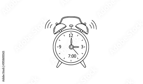 Minimal hand drawn alarm clock ringing outline icon with sound lines isolated on white