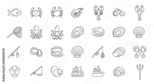 Collection of Diverse Marine Life Icons and Nautical Symbols for Creative Projects