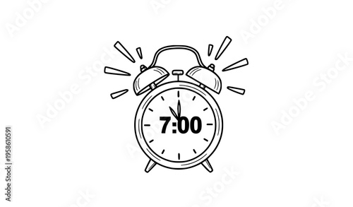 Hand drawn ringing alarm clock vector with motion lines showing exact time concept