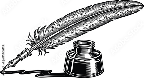 Vintage black and white engraving illustration of a classic feather quill pen, alongside a glass inkwell, with spilled liquid ink.