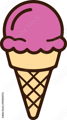 Pink strawberry ice cream scoop on a waffle cone vector illustration in flat style