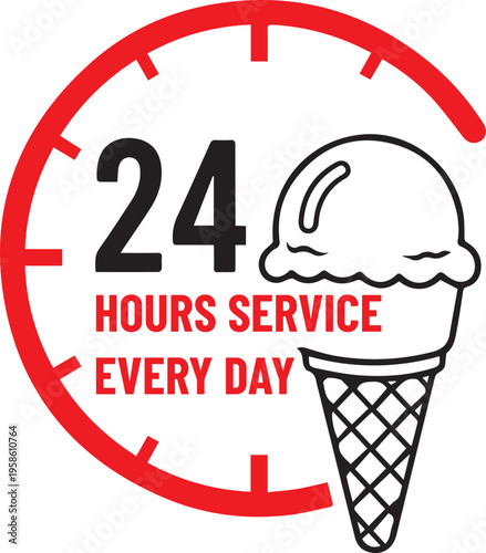 24 hours service every day ice cream shop logo with cone and clock element vector