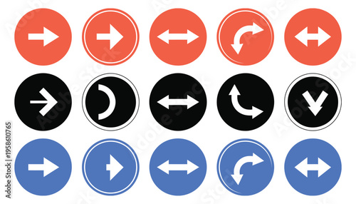 Forward and backward arrow icons in red, black, and blue for navigation purposes, minimal line art vector collection for directional signage