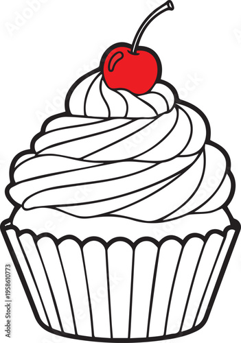 Sweet cupcake with swirl frosting and a red cherry on top, black and white line art vector