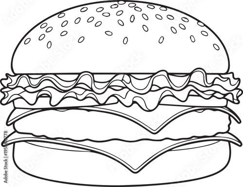 Delicious hamburger with cheese and lettuce vector illustration, black and white line art burger outline
