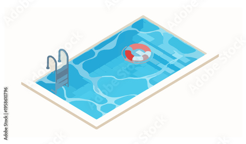Isometric swimming pool with ladder steps and floating lifebuoy vibrant summer vector illustration isolated on white