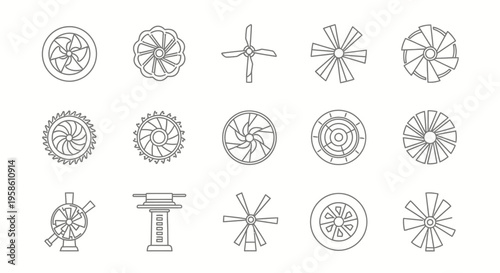 Collection of Diverse Mechanical Windmill and Turbine Designs for Energy Concept Illustrations