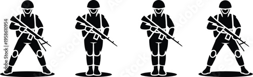 Four stylized black icons of soldiers standing in various stances, each equipped with a rifle and helmet