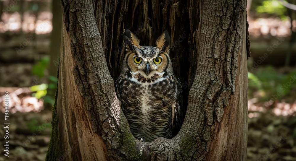 Obraz premium Great Horned Owl sitting in a tree hollow, looking directly at the camera in its forest habitat