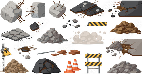 Road damage and construction debris collection with cracks, rubble piles, broken asphalt, barriers, and warning cones in flat vector illustration