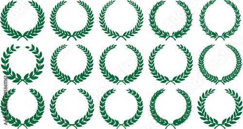 Collection of green laurel wreath icons representing achievement and victory perfect for award design and graphic elements on white background