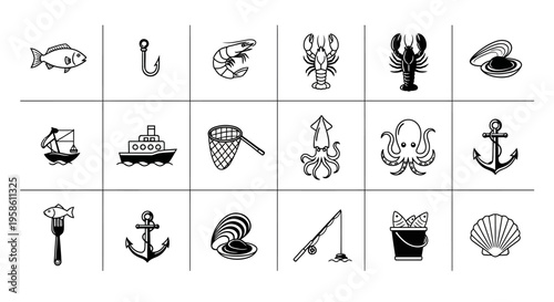 Collection of Diverse Underwater Sea Creatures and Marine Life Icons