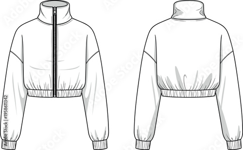 Cropped Zip Up Windbreaker Jacket Vector Technical Sketch for Fashion Design Mockup Featuring Elastic Waistband and Long Drop Shoulder Sleeves