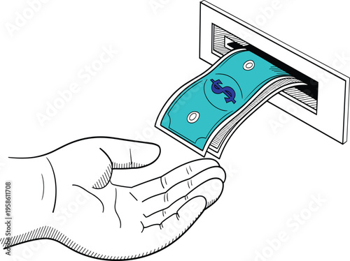 Hand receiving cash from ATM machine slot, banking finance concept vector illustration on white background