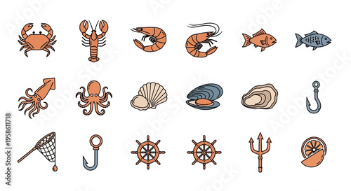Collection of Cartoon Marine Life Icons Featuring Crabs, Fish, and Shells