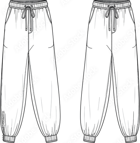 Fashion technical flat sketch of women's oversized joggers with elastic drawstring waistband side pockets and ribbed cuffs for apparel design.