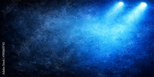 Abstract blue grunge wall texture with dark aged paper pattern and vintage light design on a grungy blank surface backdrop