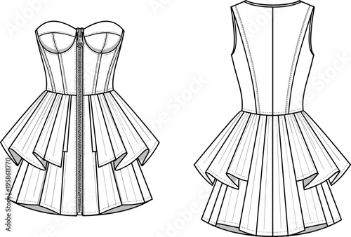 Fashion technical flat sketch of a women's strapless corset dress with front zipper detail and double layered pleated peplum skirt.