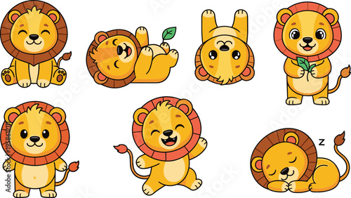 Cute lion characters in playful poses including sleeping, sitting, and smiling, adorable cartoon safari animals in flat vector illustration set