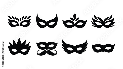 Different hacker mask silhouette isolated, vector illustration set of iconic hacker and anonymous masks, flat and minimal style for cybersecurity, digital privacy, and hacker-themed designs.