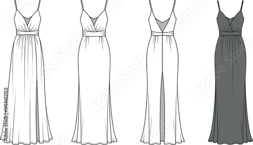 Technical fashion flat sketch of elegant evening gown with pleated surplice bodice spaghetti straps high slit and floor length skirt