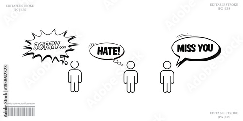 Speech bubbles illustration with sorry hate miss you emotional communication design