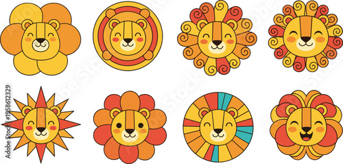 Cute lion face collection with decorative mane styles in colorful cartoon flat vector illustration for kids design and nursery use