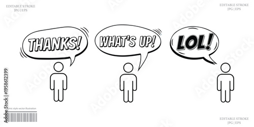 Speech bubbles illustration with thanks whats up lol casual communication design