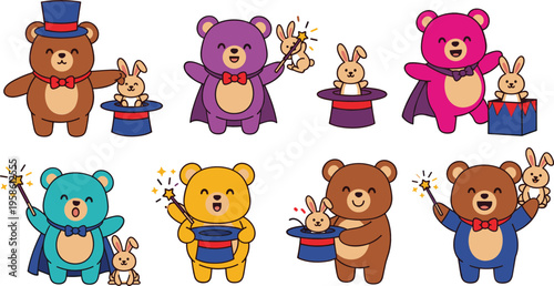 Cute magician bear characters performing magic tricks with rabbits, hats, and wands in playful cartoon flat vector illustration set