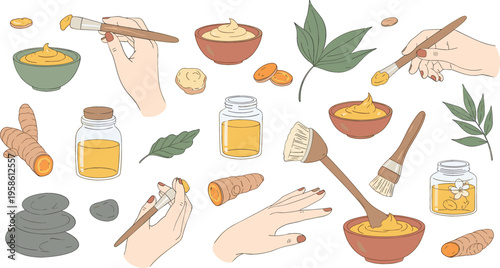 Turmeric Skincare and Beauty Treatment Set with Natural Ingredients Face Masks Oils Herbal Remedies and Cosmetic Application Steps Illustration