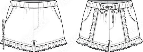 Women Ruffled Hem Lounge Shorts Fashion Technical Sketch with Drawstring Elastic Waistband and Side Pockets Vector Template for Clothing Design
