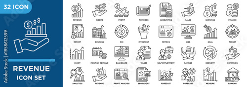  Revenue outline icon set featuring  forecast, revenue, income, profit, paycheck, accounting, and sales.