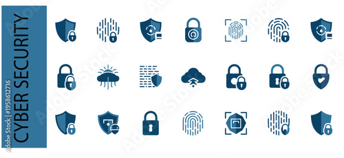 Cyber security icons collection with shields, locks, fingerprints, and cloud protection for digital safety.