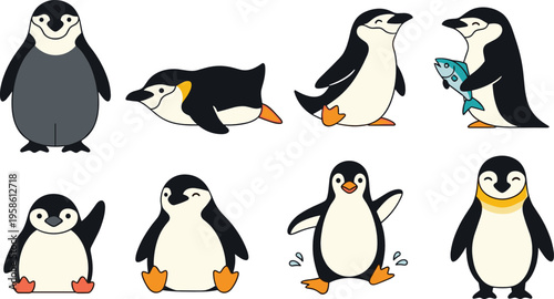 Cute penguin collection in various poses with fish, walking and standing characters, adorable cartoon arctic animals flat vector illustration set
