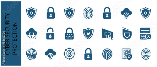 Cyber security protection icons including shields, locks, fingerprints, and cloud security for data safety.