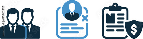 Business Team, User Rejection, and Secure Transactions Icon, solid style vector illustration showing HR management, risk control, financial security, and workplace safety concept.