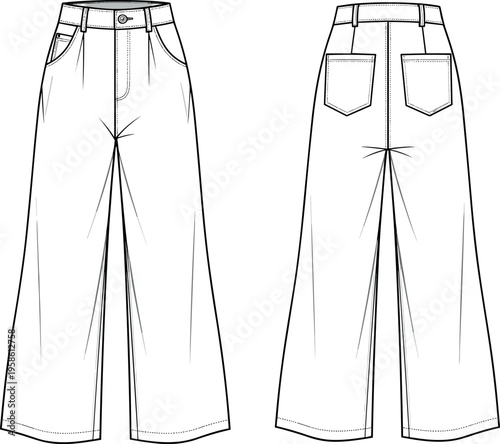 Women Wide Leg Denim Trousers Technical Flat Sketch Vector Fashion Template High Waisted Pants Front and Back View Design Illustration