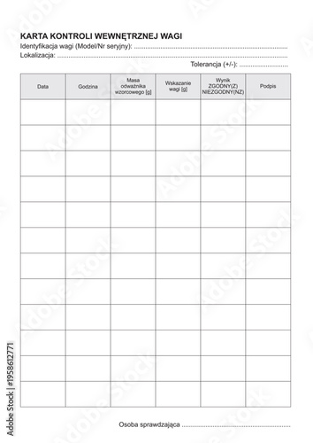 Karta wagi - wewnętrznych pomiarów, sprawdzania działania wagi.