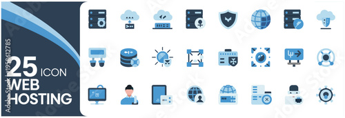 Collection of 25 modern flat icons for web hosting services and cloud computing technology.