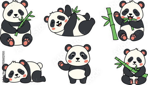 Cute panda characters eating bamboo in playful poses, adorable cartoon bears in flat vector illustration set for kids design