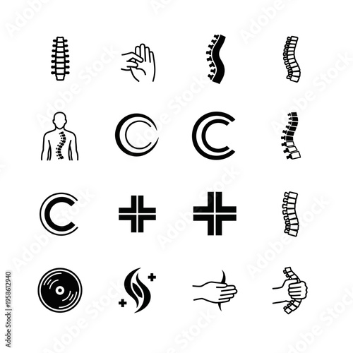 Chiropractic Spine and Health Care Icon Set for Medical Therapy and Orthopedic Clinic Logo Design