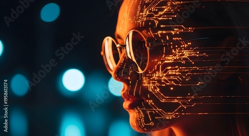 Futuristic portrait woman's profile with glowing digital circuit patterns, symbolizing human-AI integration and advanced technology