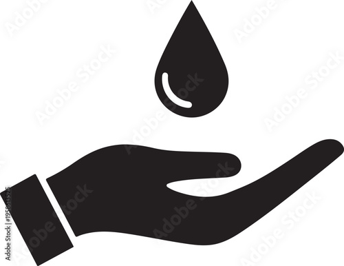 Black silhouette of a hand catching a water drop receiving liquid