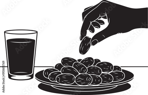 Hand picking dates from plate next to glass of dark liquid date fruit de
