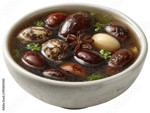 Braised quail egg and mushroom soup with star anise and herbs, savory aromatic comfort